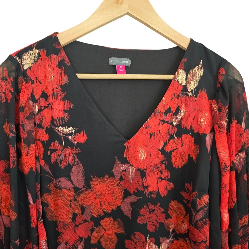 Vince Camuto Top Womens Medium Red Black Floral Print V Neck Blouse Lined Casual - Picture 4 of 7